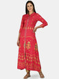 Women's Red Cotton Printed 3/4 Sleeve Shirt Collar Casual Anarkali kurta