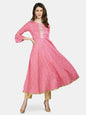 Women's Pink Cotton Printed 3/4 Sleeve Round Neck Casual Anarkali kurta