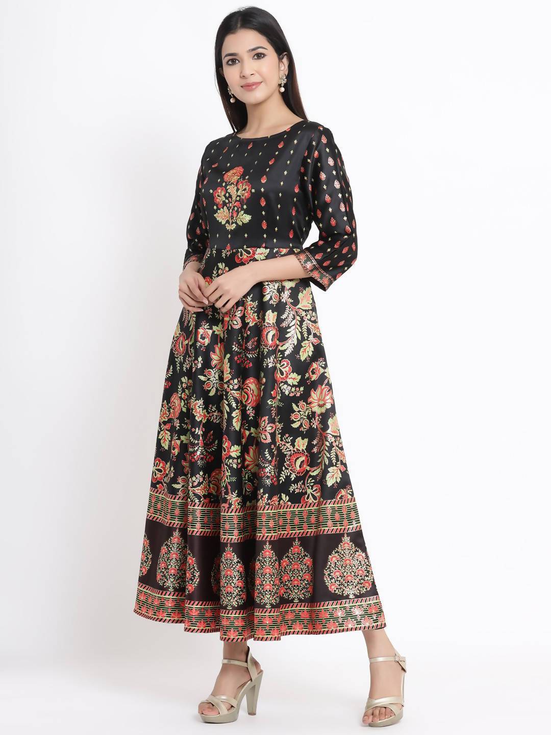 Buy_Women's_Black_Dull_Satin_Printed_Flared_Dress_With_Hair-Band_Online_Trendia
