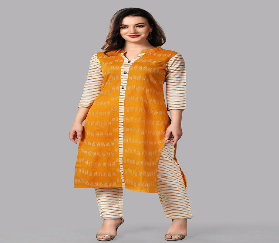 Women's Yellow Color Cotton Blend Straight Printed Kurta Pant Set With Dupatta