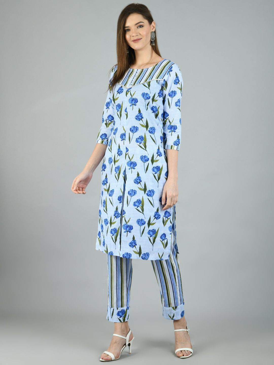 Women's Multi Cotton Printed 3/4 Sleeve Round Neck Casual Kurta Pant Set