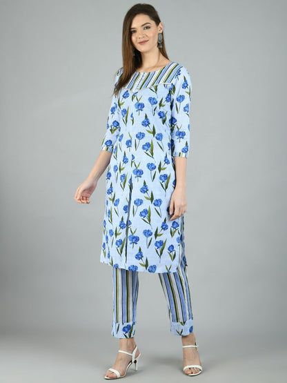 Women's Multi Cotton Printed 3/4 Sleeve Round Neck Casual Kurta Pant Set