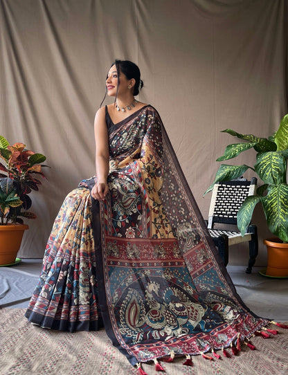 Women's Chickoo Color Cotton Kalamkari Printed Saree Chickoo