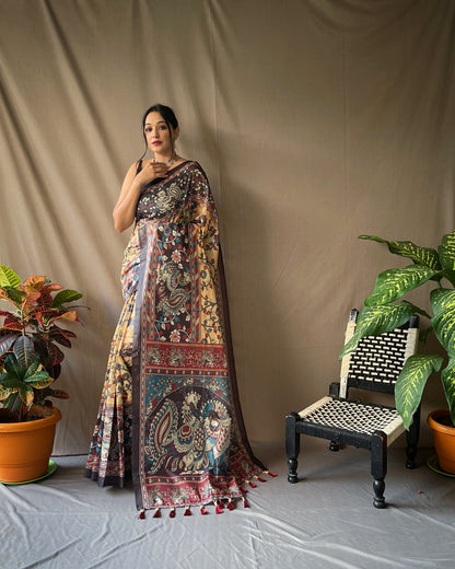 Women's Chickoo Color Cotton Kalamkari Printed Saree Chickoo
