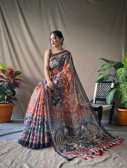 Women's Orange Color Cotton Kalamkari Printed BasketBall Orange