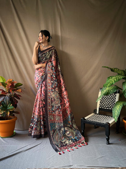 Women's Pink Color Cotton Kalamkari Printed Saree Dusty Pink