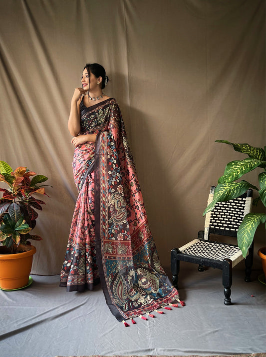 Women's Pink Color Cotton Kalamkari Printed Saree Dusty Pink