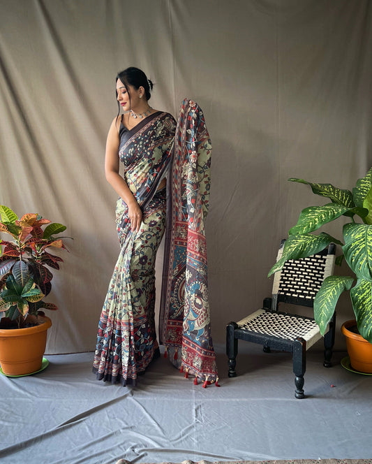 Women's Green Color Cotton Kalamkari Printed Saree Thistle Green