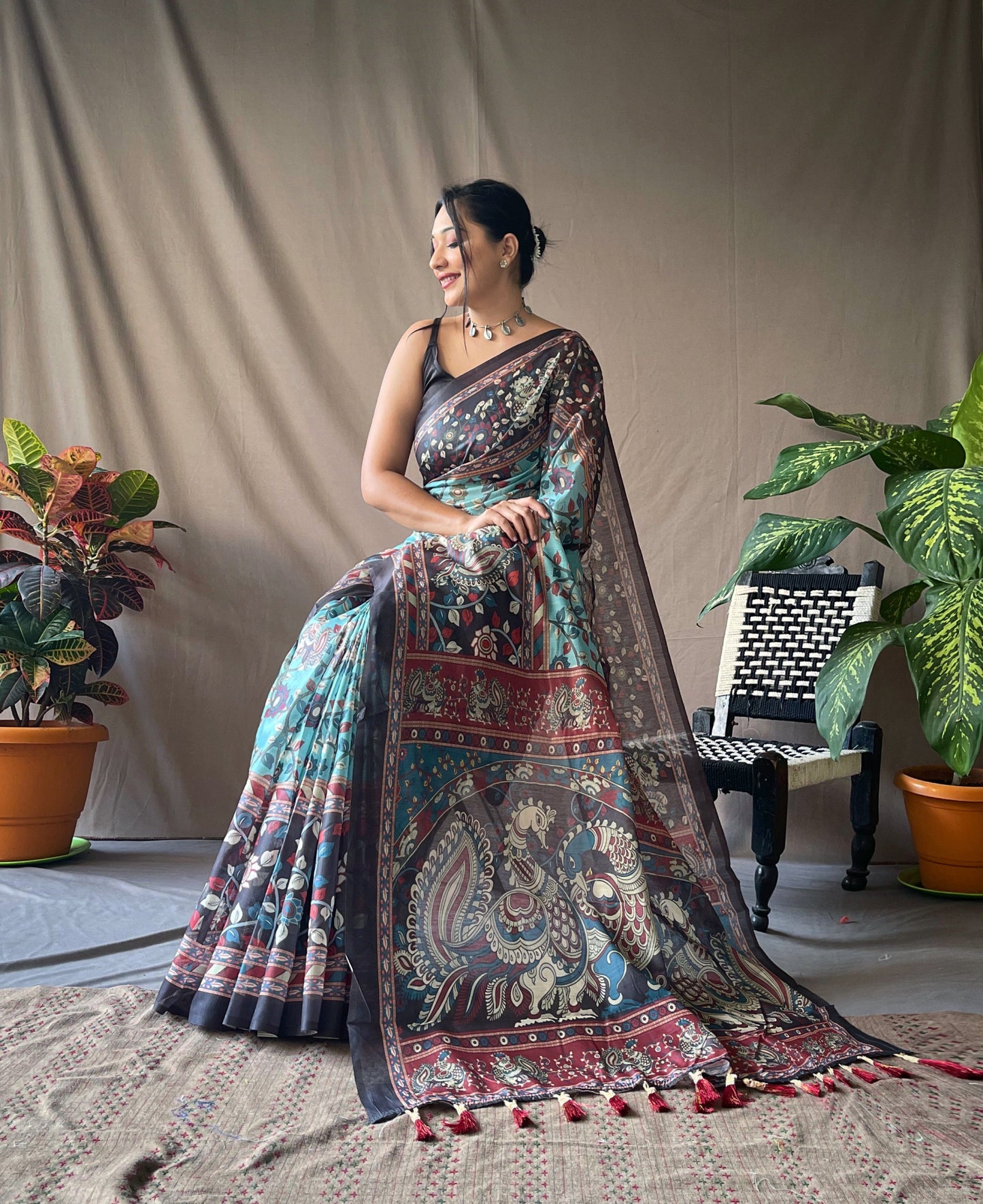 Women's Blue Color Cotton Kalamkari Printed Saree Blue