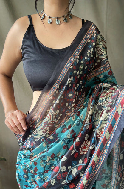 Women's Blue Color Cotton Kalamkari Printed Saree Blue