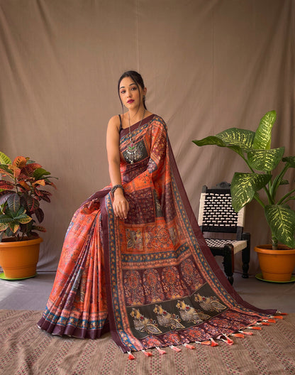 Women's Orange Color Cotton Kalamkari Printed Sunrise Orange