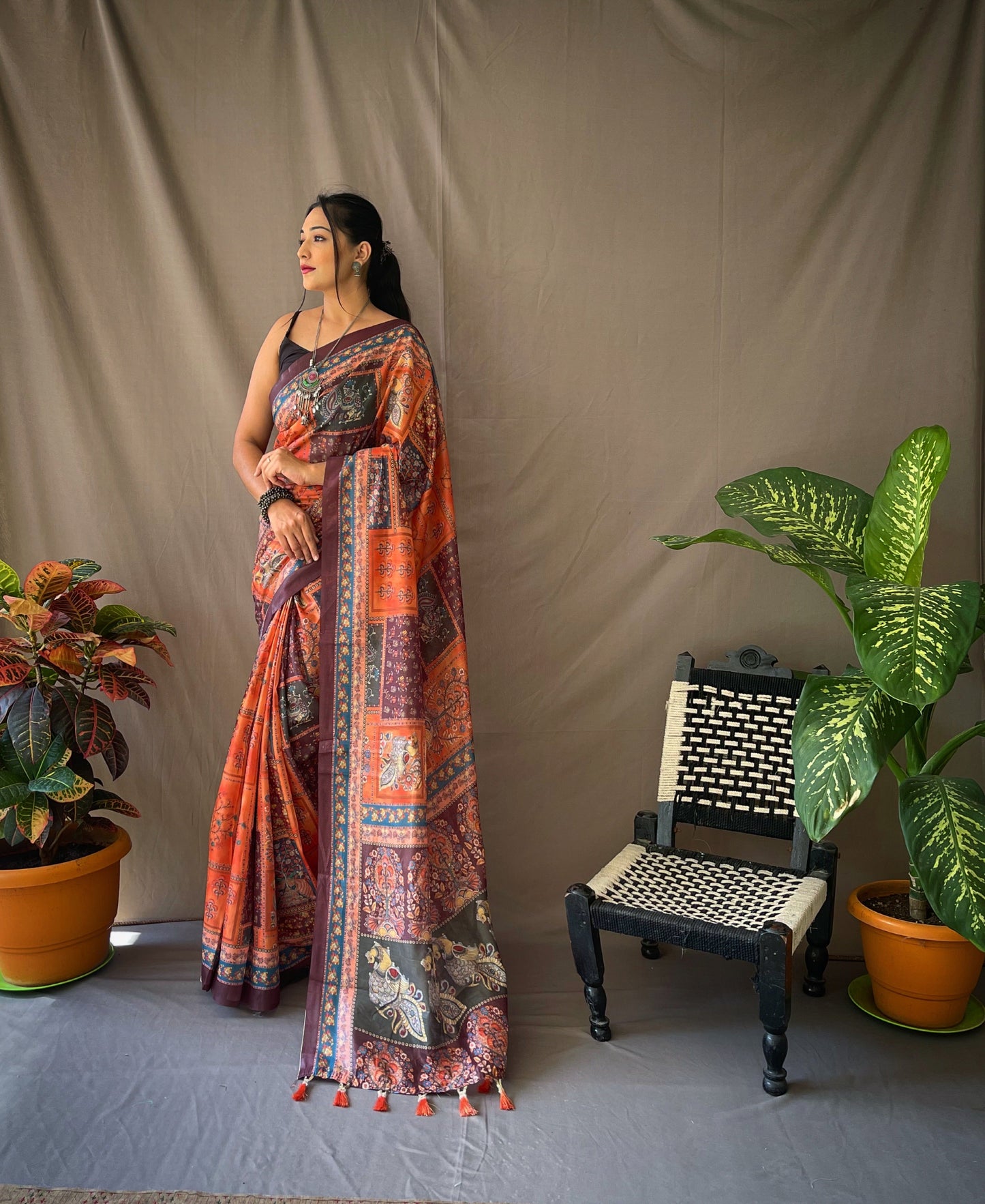 Women's Orange Color Cotton Kalamkari Printed Sunrise Orange