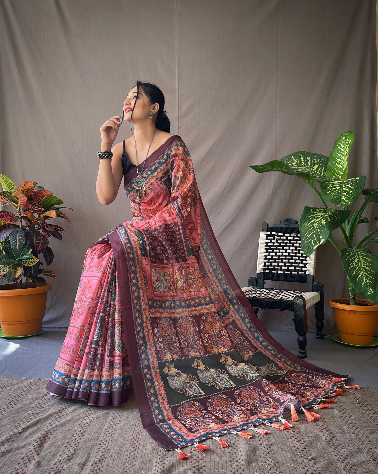 Women's Pink Color Cotton Kalamkari Printed Deep Chestut