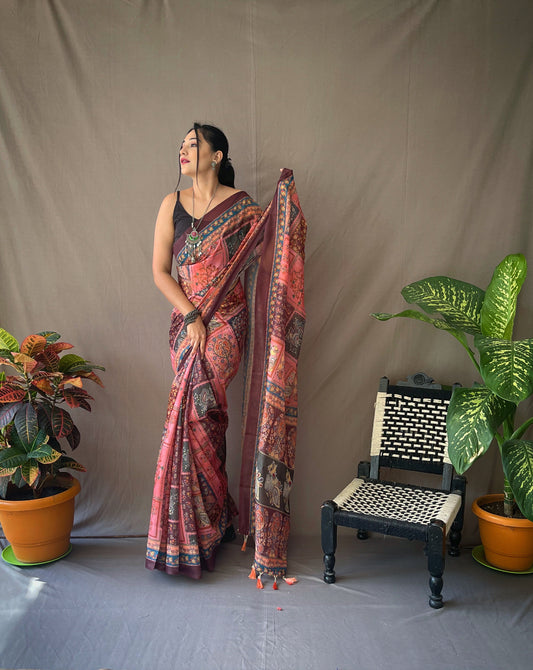Women's Pink Color Cotton Kalamkari Printed Deep Chestut