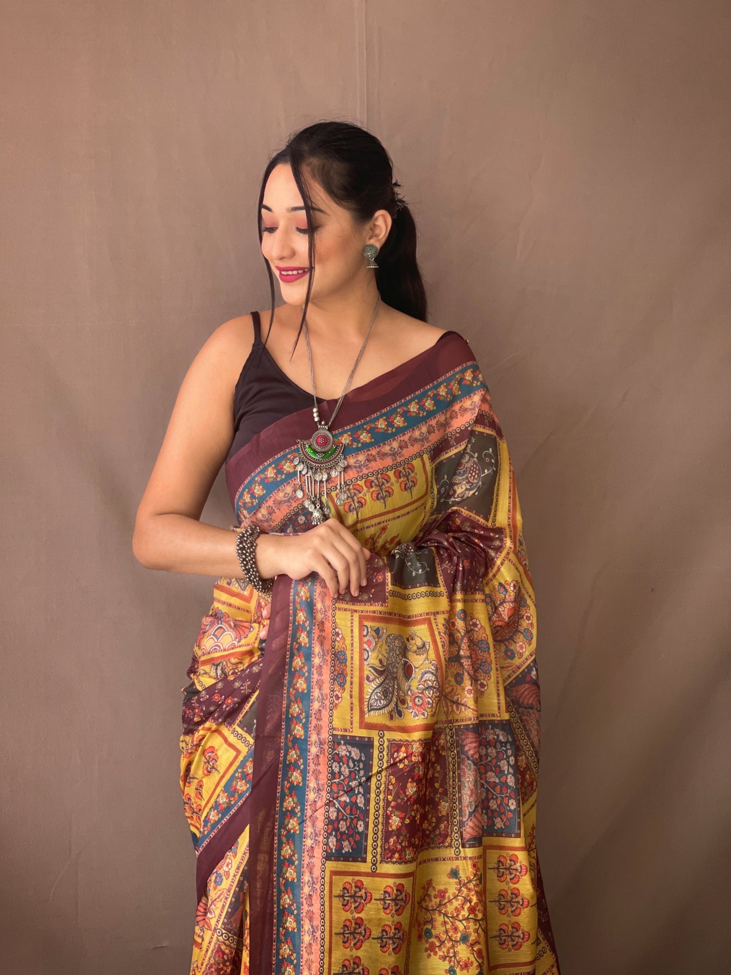 Women's Yellow Gold Color Cotton Kalamkari Printed Luxor Gold