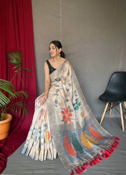 Women's Grey Color Chanderi Banarasi Silk Saree Silver Grey