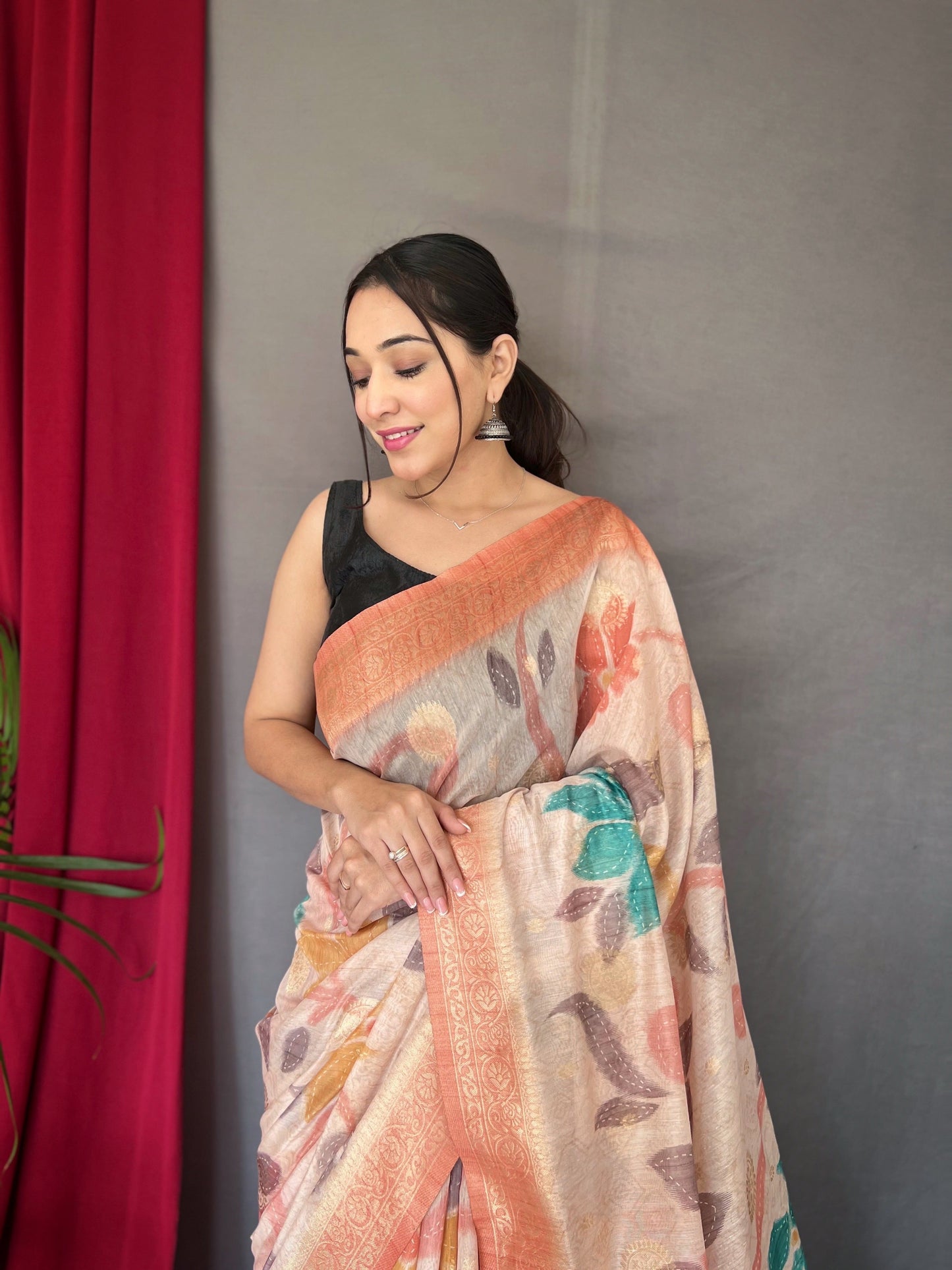 Women's Peach Color Chanderi Banarasi Silk Saree Peach