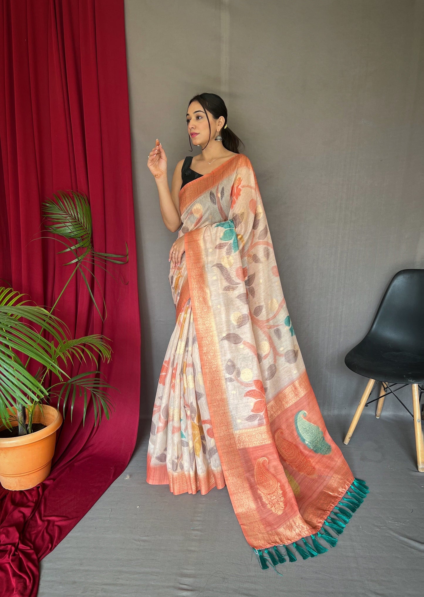 Women's Peach Color Chanderi Banarasi Silk Saree Peach