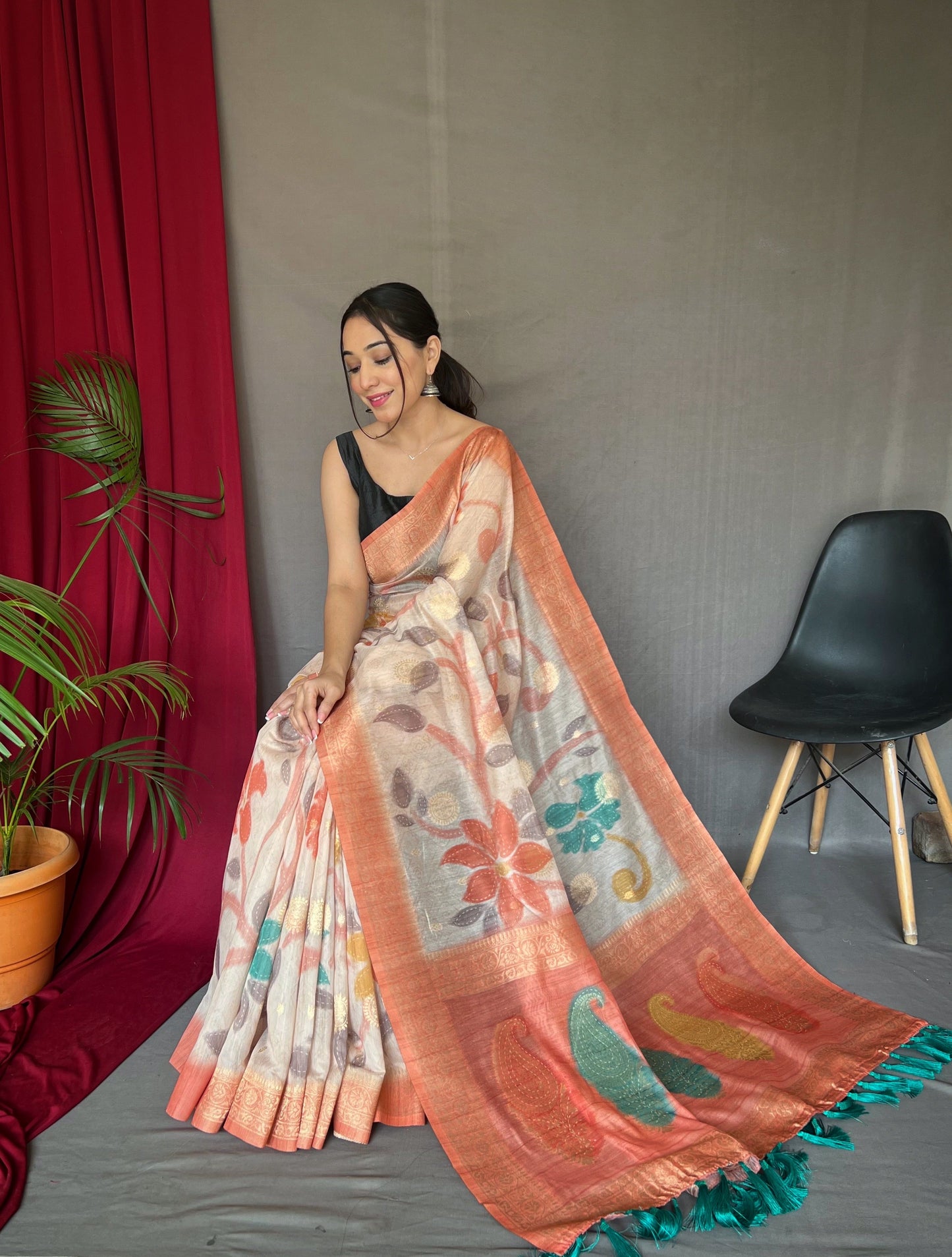 Women's Peach Color Chanderi Banarasi Silk Saree Peach