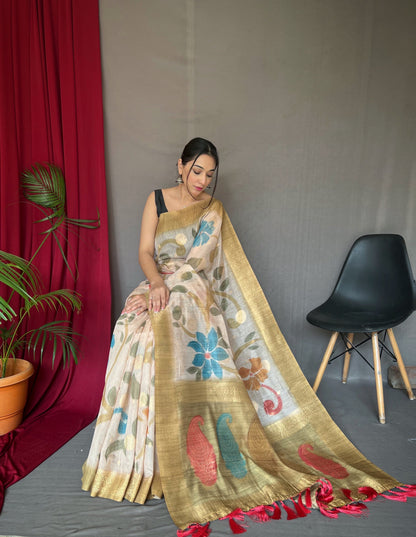 Women's Yellow Gold Color Chanderi Banarasi Silk Saree Yellow Gold