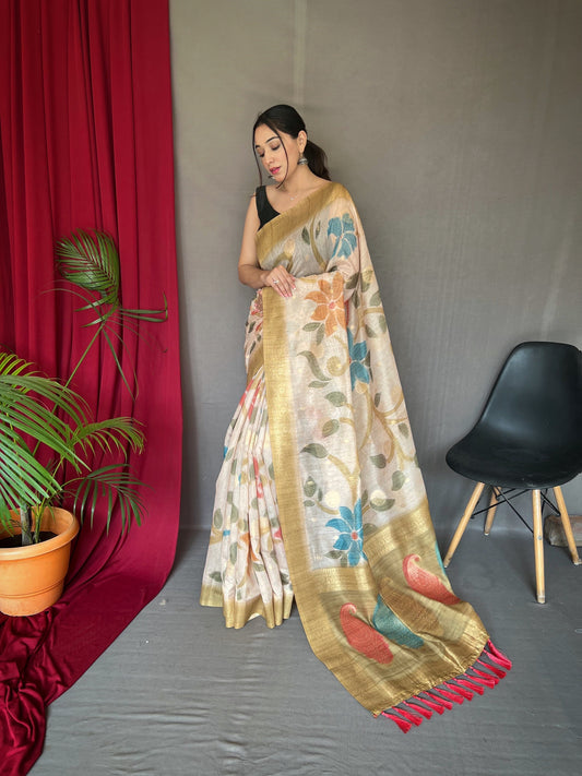 Women's Yellow Gold Color Chanderi Banarasi Silk Saree Yellow Gold
