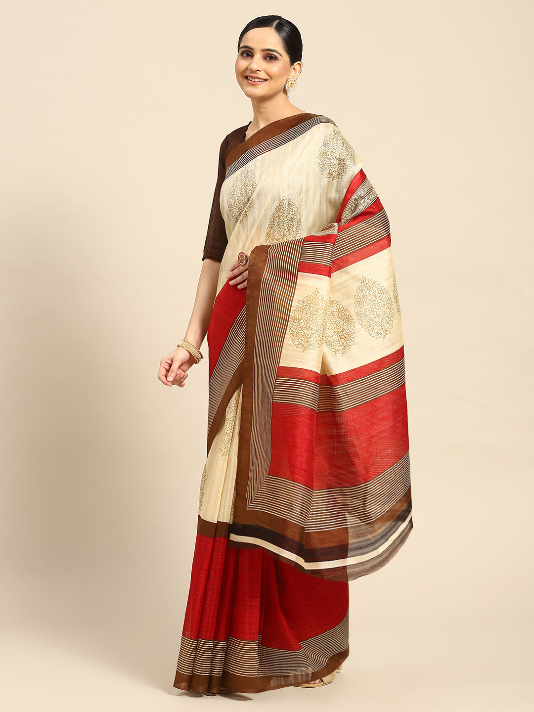 Women's Beige Art Silk Printed Saree