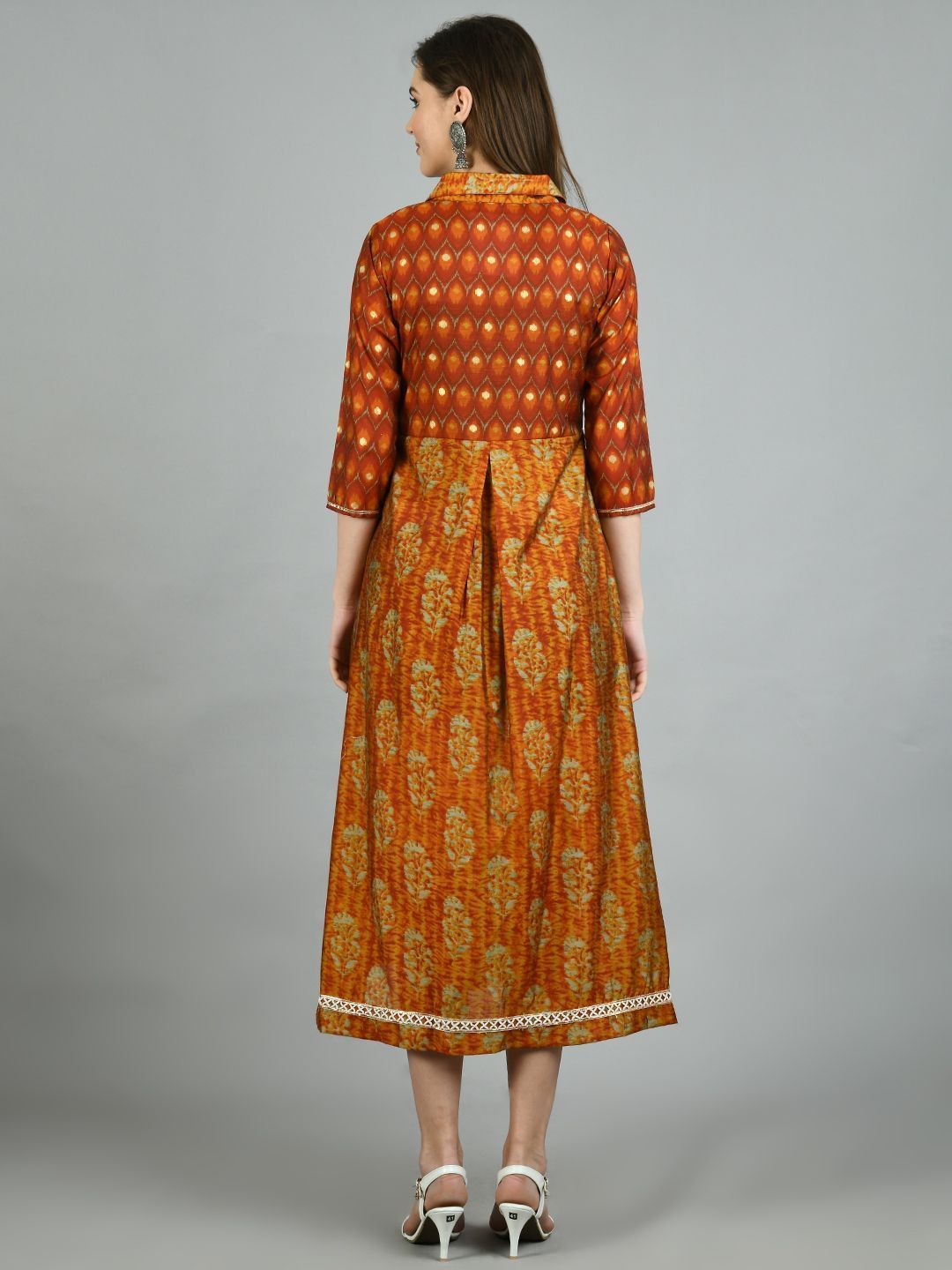 Women's Brown Silk Printed 3/4 Sleeve Shirt Coller Casual Dress