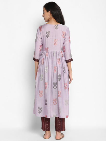 Women's Grey Color Muslin Floral A-Line Digital Printed Kurta Pant Set