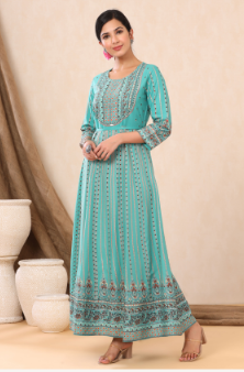 Women's Teal Rayon Printed Anarkali Dress