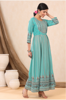Women's Teal Rayon Printed Anarkali Dress