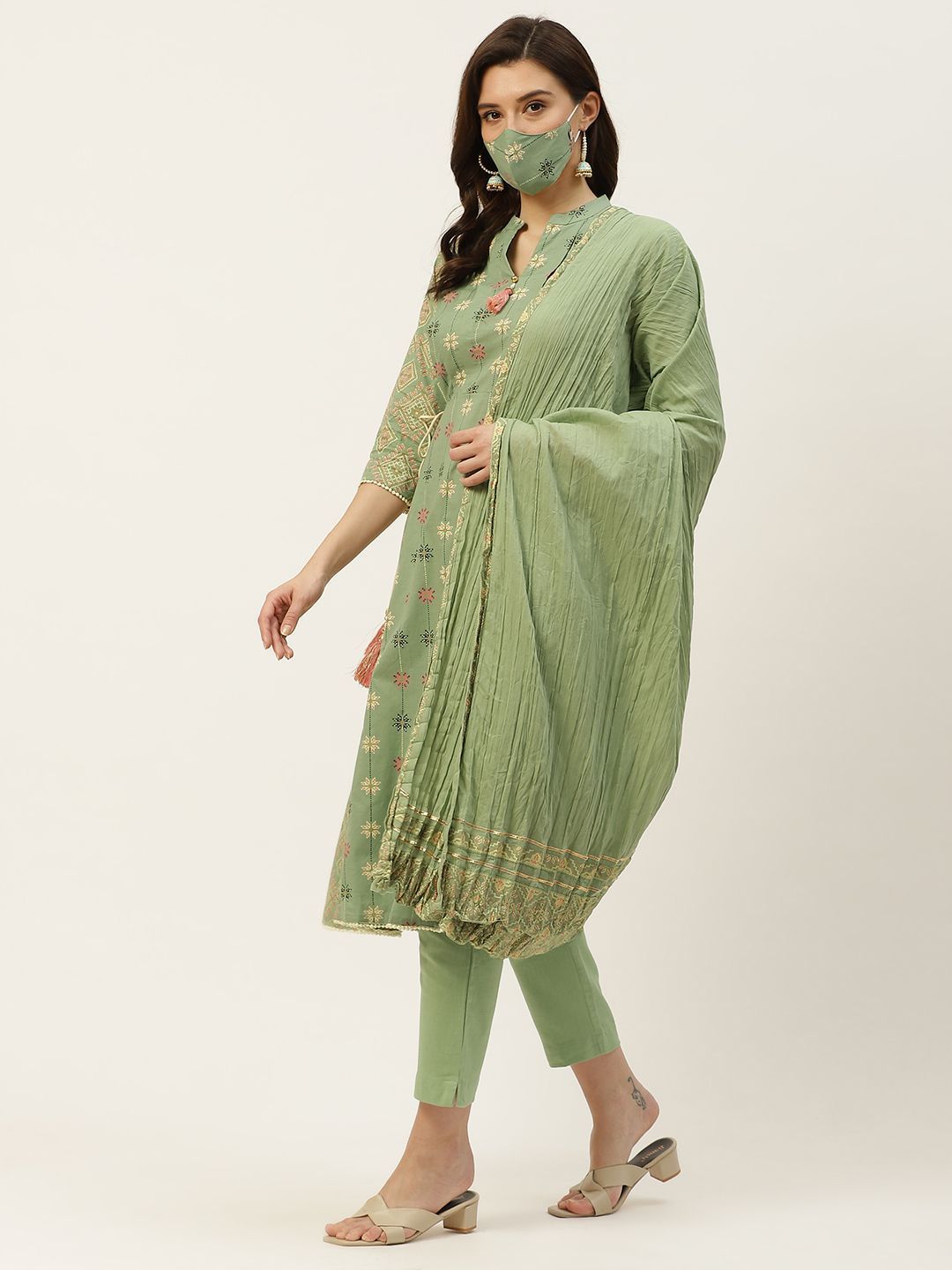 Women's Cotton Flex Printed A-Line Kurta Pant Dupatta Set