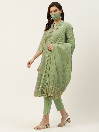 Women's Cotton Flex Printed A-Line Kurta Pant Dupatta Set