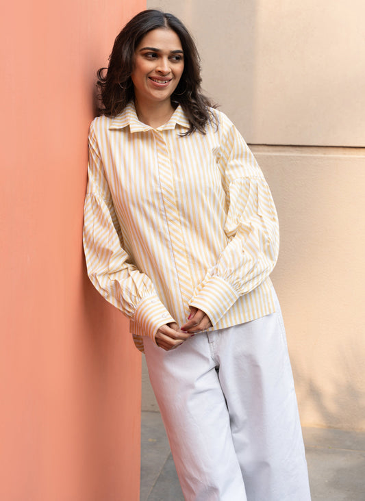 Women's Yellow Stripe Cotton Shirt with Puffed Sleeves