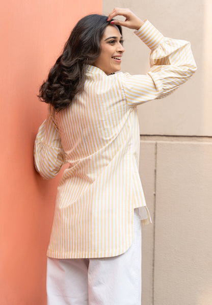 Women's Yellow Stripe Cotton Shirt with Puffed Sleeves