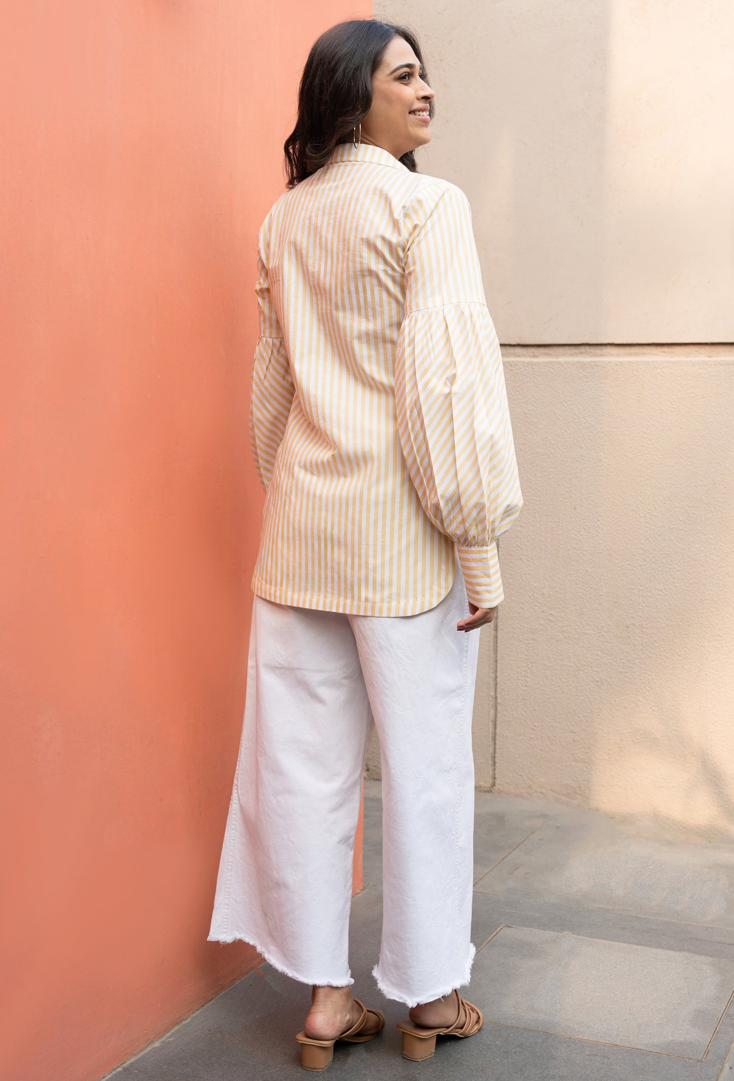 Women's Yellow Stripe Cotton Shirt with Puffed Sleeves