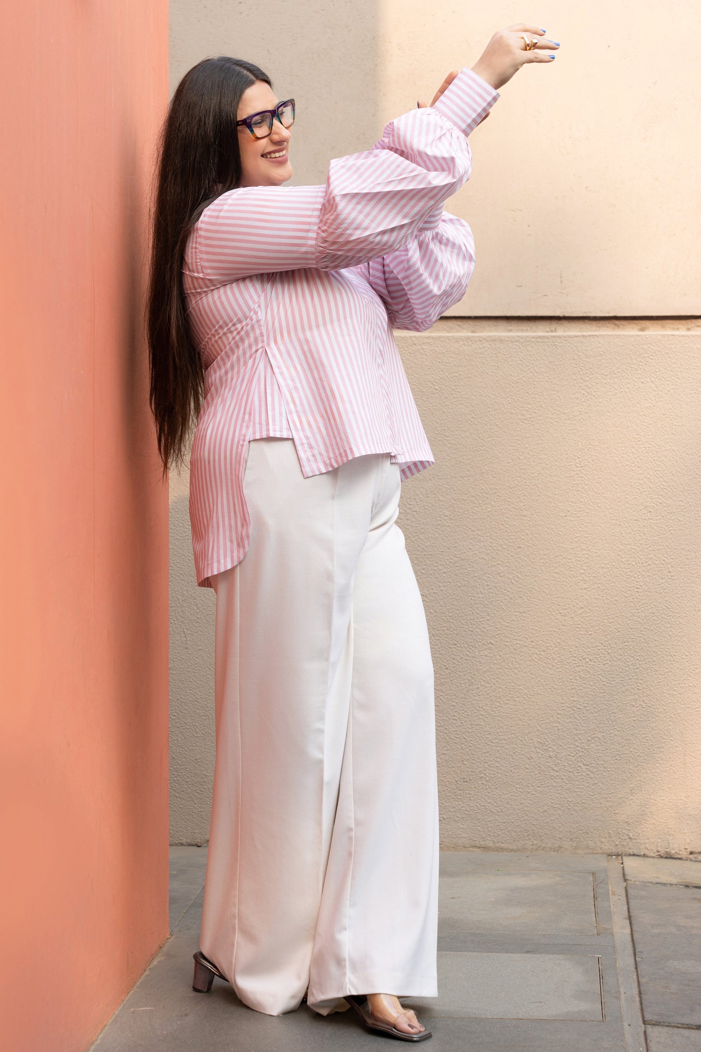 Women's Baby Pink Stripe Cotton Shirt with Puffed Sleeves