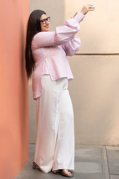 Women's Baby Pink Stripe Cotton Shirt with Puffed Sleeves