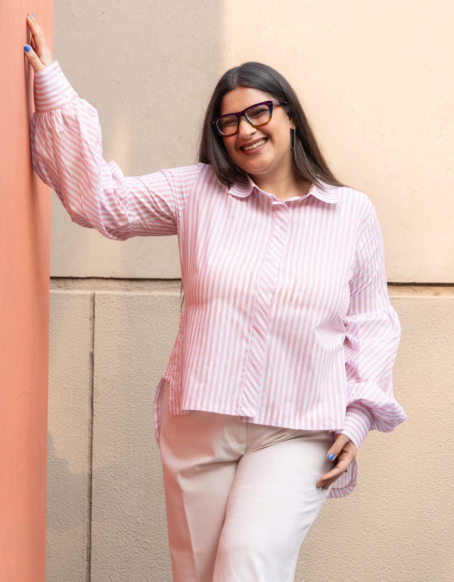 Women's Baby Pink Stripe Cotton Shirt with Puffed Sleeves