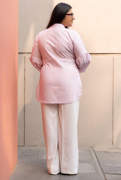 Women's Baby Pink Stripe Cotton Shirt with Puffed Sleeves