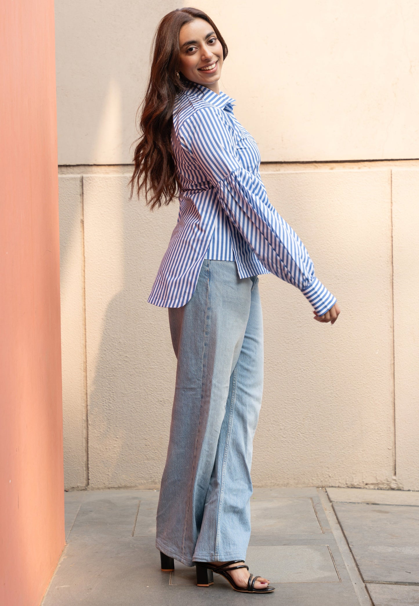 Women's Blue Stripe Cotton Shirt with Puffed Sleeves