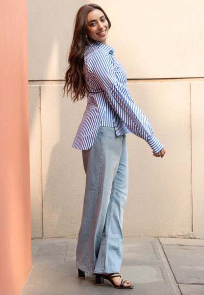 Women's Blue Stripe Cotton Shirt with Puffed Sleeves