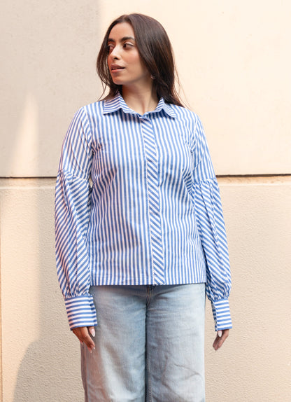 Women's Blue Stripe Cotton Shirt with Puffed Sleeves