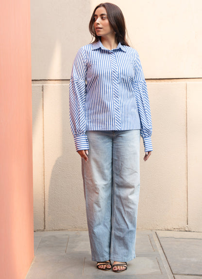 Women's Blue Stripe Cotton Shirt with Puffed Sleeves