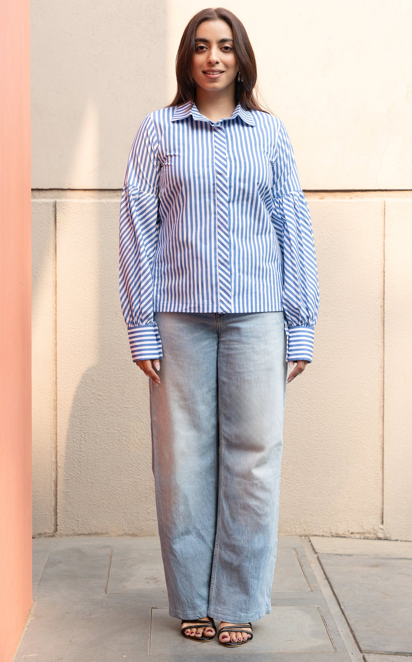 Women's Blue Stripe Cotton Shirt with Puffed Sleeves