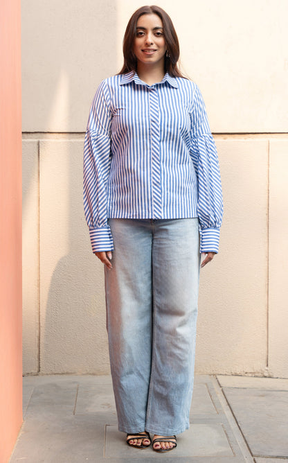 Women's Blue Stripe Cotton Shirt with Puffed Sleeves