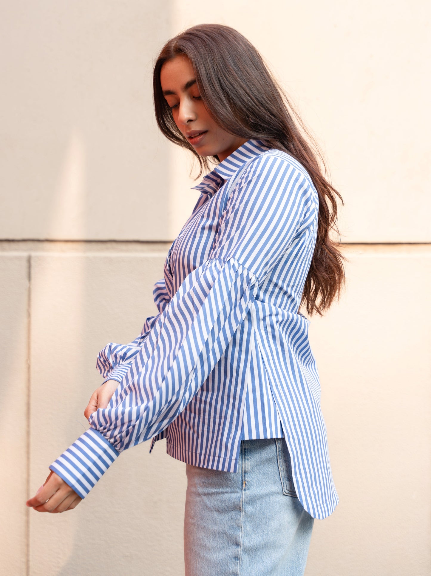 Women's Blue Stripe Cotton Shirt with Puffed Sleeves