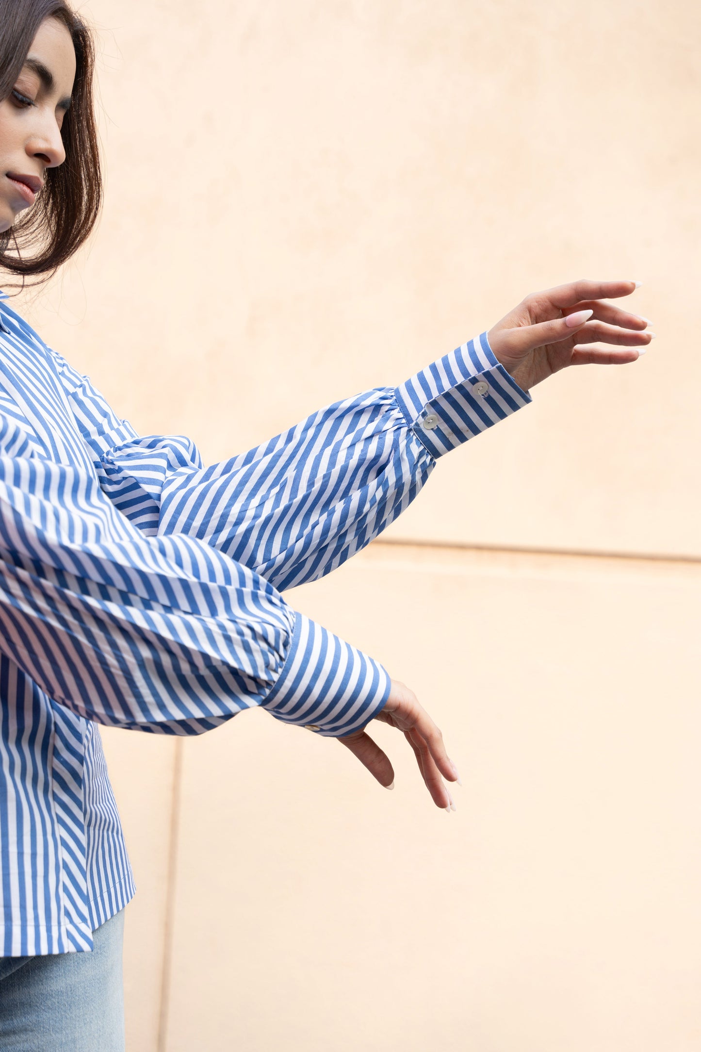 Women's Blue Stripe Cotton Shirt with Puffed Sleeves