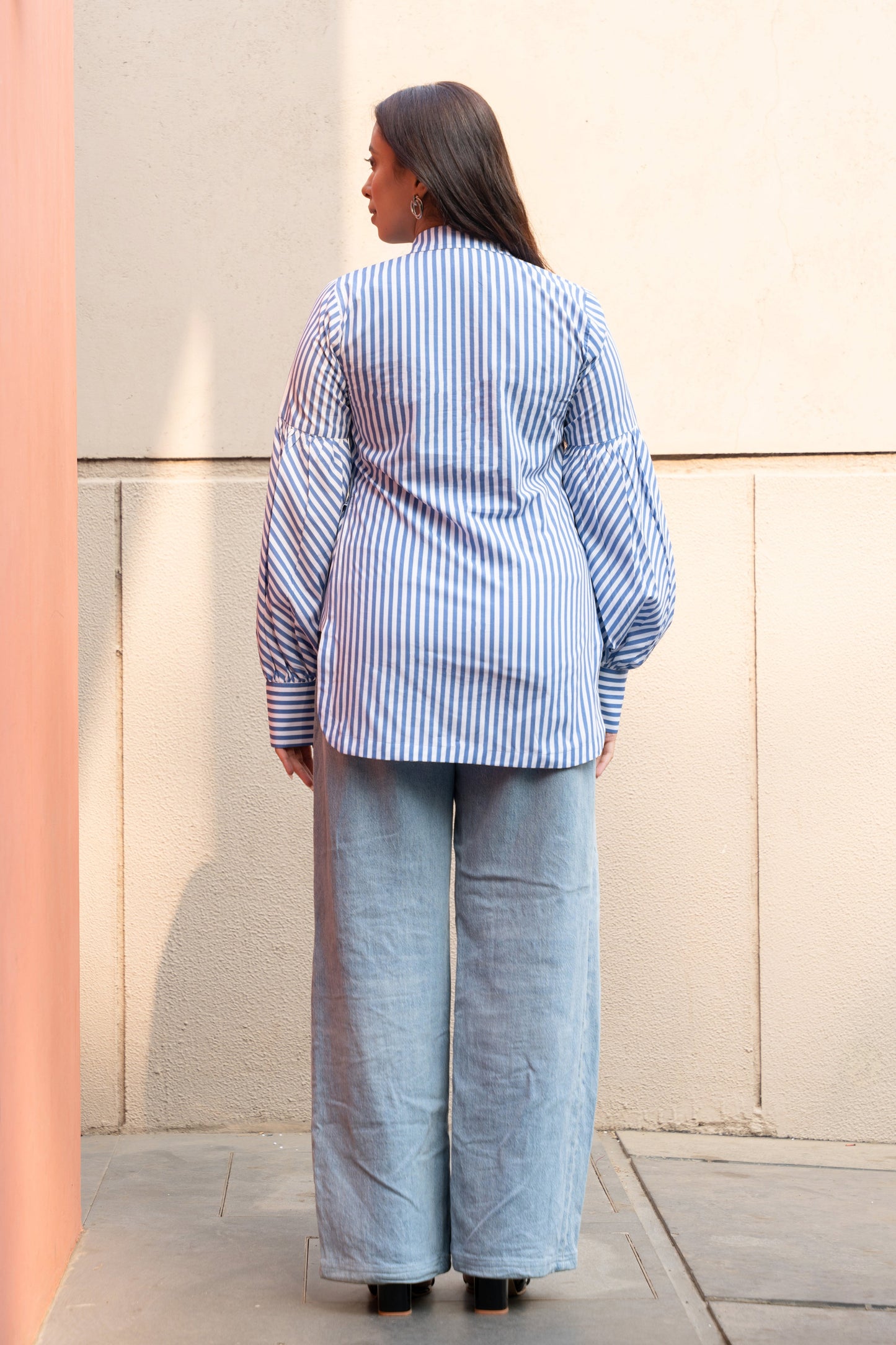 Women's Blue Stripe Cotton Shirt with Puffed Sleeves