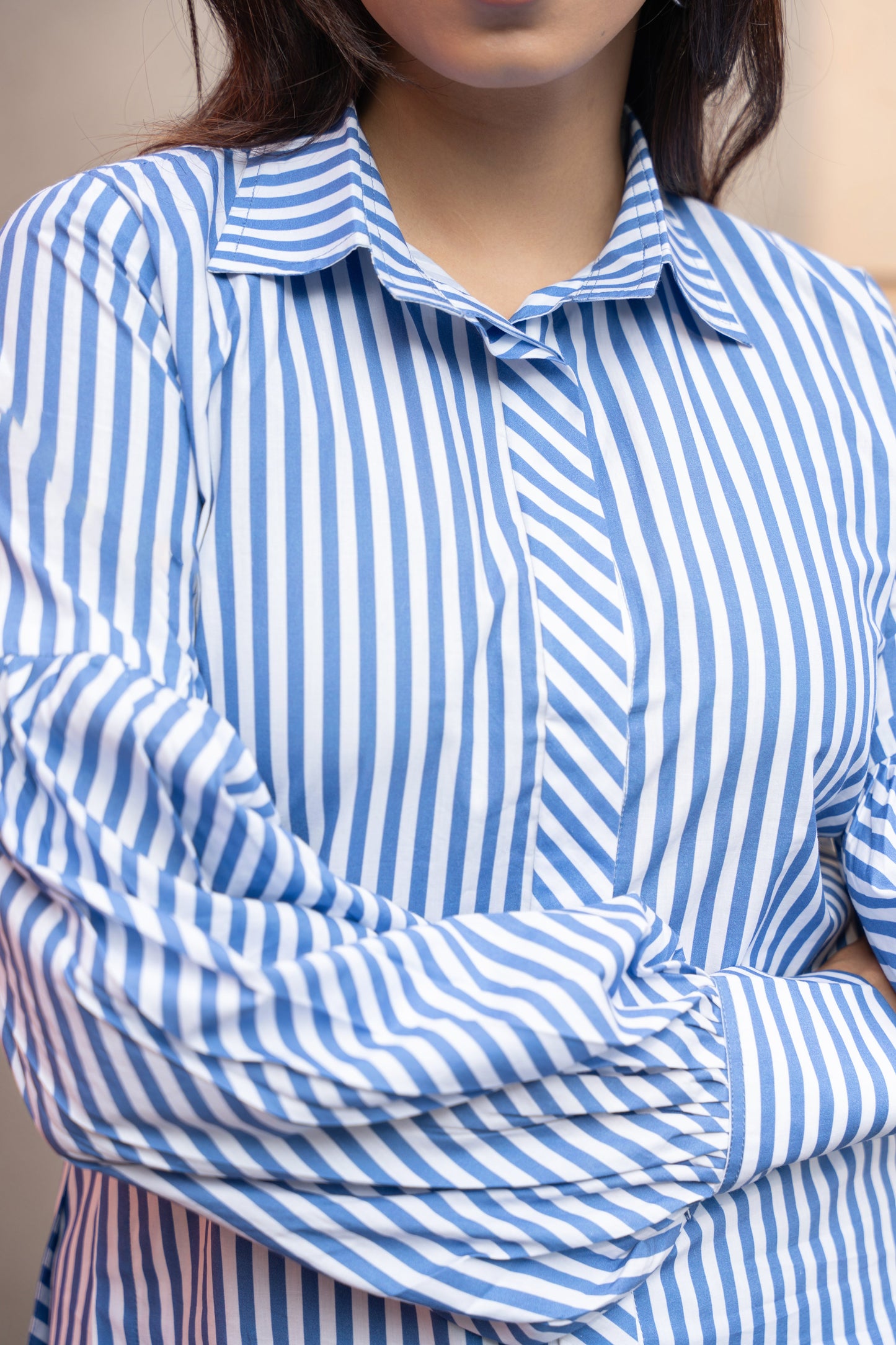 Women's Blue Stripe Cotton Shirt with Puffed Sleeves