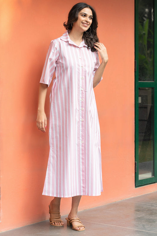 Women's Pink Broad Stripe Cotton Shirt Dress